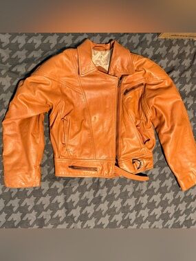Merino LEATHER MOTORCYCLE MOTO JACKET IN BURNT ORANGE / CARAMEL HARDWARE M L
